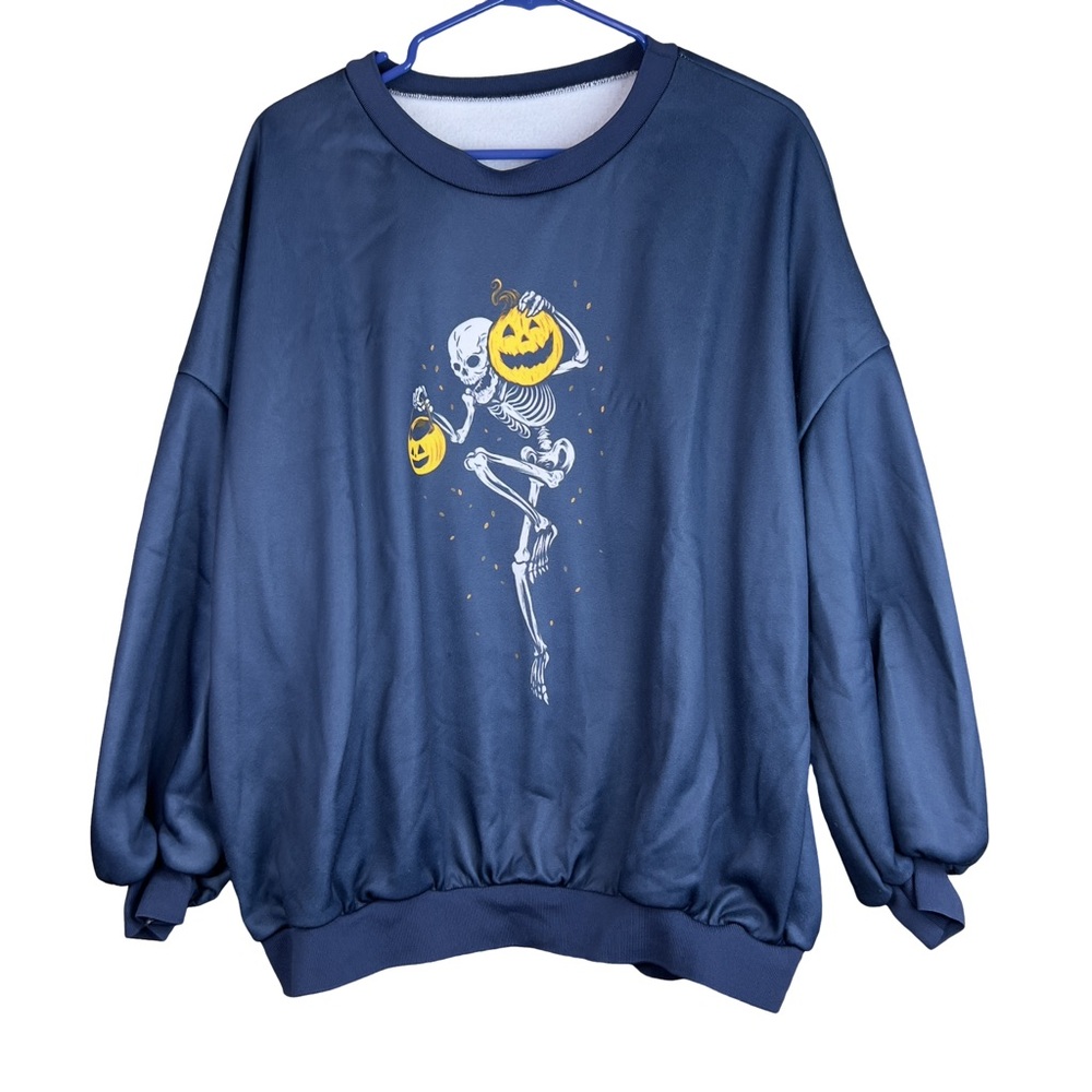 Halloween Skeleton & Jack-o-Lantern Navy Blue Fleece Sweatshirt w/1/2 Sl…